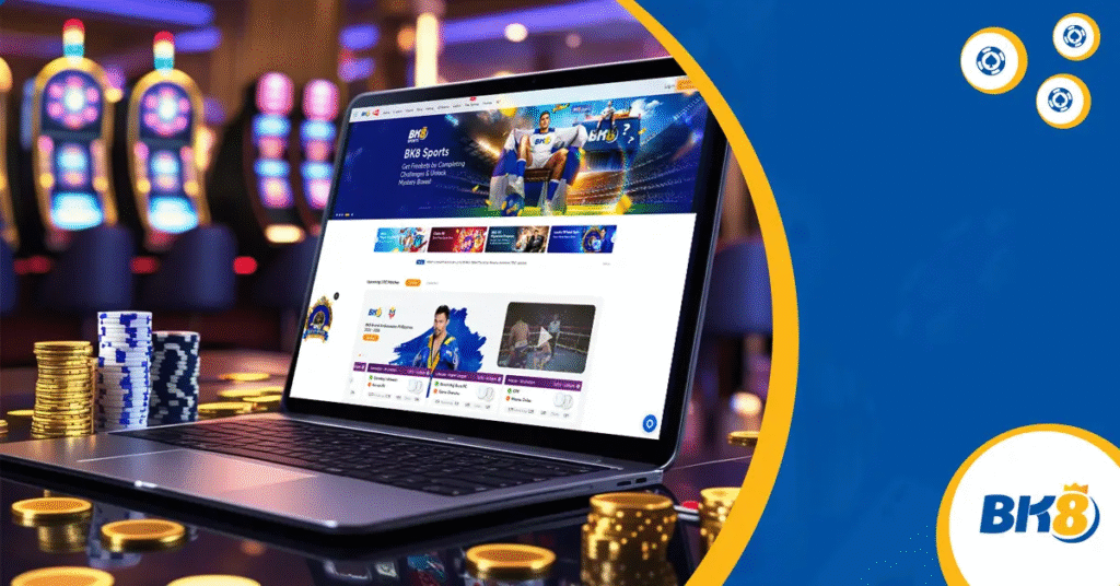 Promotional BK8 image showing a laptop open to the BK8 homepage set on a gaming table surrounded by stacks of chips, gold coins and a roulette-like reflection, with slot machines softly lit in the background and the BK8 logo in the lower-right — BK8, online casino, sports betting, laptop, chips, coins