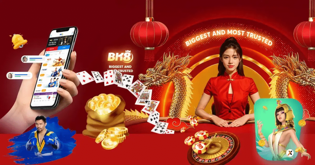 BK8 promotional banner showing a hand holding a smartphone with the BK8 app, a dealer in a red outfit, flying playing cards, piles of gold coins, a roulette wheel, twin golden dragons and hanging red lanterns — BK8, casino, mobile app, roulette, cards, gold