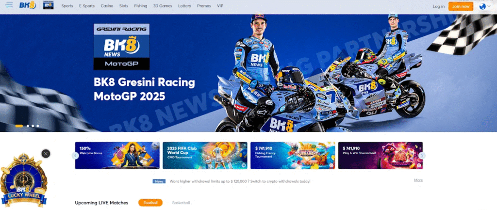 BK8 homepage hero promoting Gresini Racing MotoGP 2025 featuring two BK8‑liveried MotoGP bikes and riders against a blue backdrop with a checkered flag, promotional banners below, and the site navigation bar — BK8, Gresini Racing, MotoGP, online betting