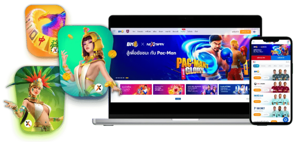 Promotional BK8 landing page showing a laptop and mobile phone both open to the BK8 site, a vivid Pac‑Man Glory hero banner, and three floating game app icons featuring Egyptian, Aztec, and mahjong/phoenix motifs amid gold coins — BK8, Pac‑Man Glory, online casino, mobile gaming, slots
