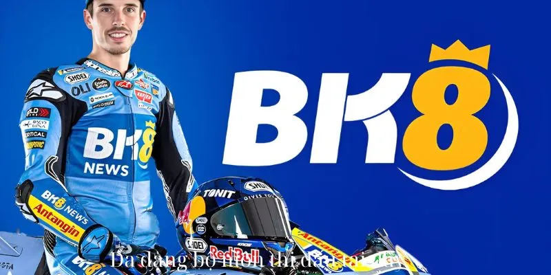 Promotional BK8 banner showing a motorcycle rider in a blue “BK8 News” racing suit and matching branded helmet positioned left of a bold BK8 wordmark and crown emblem on a deep blue backdrop — BK8, motorsport, sponsorship, racing helmet, brand partnership